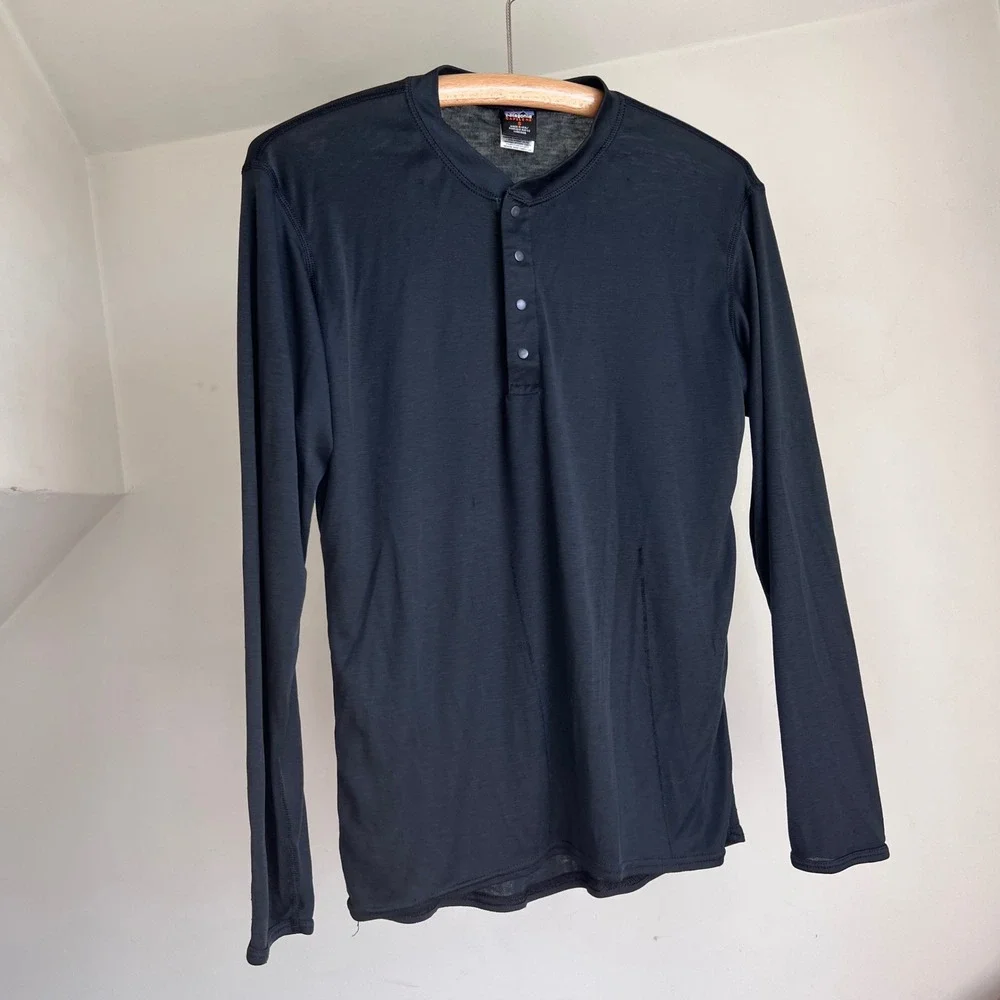 Patagonia Capilene Henley Top S‎ Black Long Sleeve Base Layer Made in USA